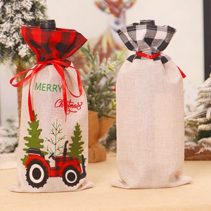 Christmas wine bottle bags with plaid tractor embroidery and festive drawstring design
