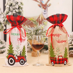 Christmas burlap wine bottle covers with red plaid tractor embroidery and drawstrings