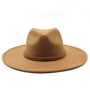 Stylish caramel wool felt fedora hat with wide brim and bow decoration for autumn
