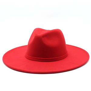 Top view of red felt fedora hat featuring a stylish wide brim and classic teardrop crown