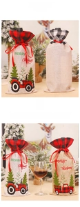 Detail of burlap wine bags with red plaid neck and Merry Christmas truck embroidery