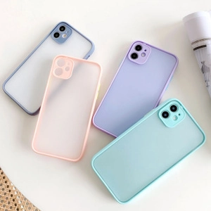 Detailed view of matte silicone phone cases in blue pink purple and mint green colors