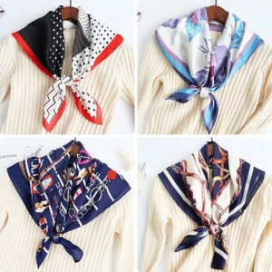 Collage of four 70x70 satin silk scarves featuring polka dots and floral patterns on sweaters