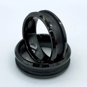 Brushed black tungsten steel blank ring with grooved design for jewelry making