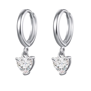 Detailed view of silver hoop earrings featuring sparkling heart-shaped zircon drops