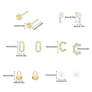 Gold stud earring set with pearl and crystal charms showing dimensions in inches and mm