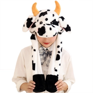 Cute Cartoon Cow Plush Hat With Moving Ears Scarf Gloves Three In One Warm Winter For Kids Adults