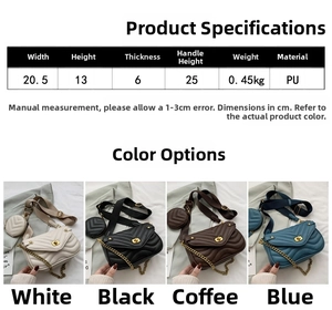 Detailed size guide and material specs for the quilted crossbody bag with measurements