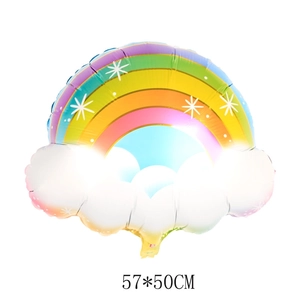 Detail view of rainbow tassel smile cloud foil balloon with 57x50CM size specifications