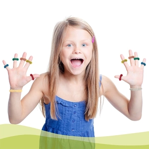 Colorful spring finger massage rings and wristbands shown on a model's hands