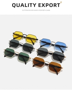 Detail view of colorful vintage octagonal metal sunglasses in six different gradient lens hues