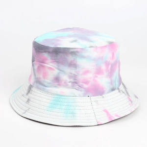 Detailed view of a colorful tie-dye bucket hat featuring pink and blue ink wash patterns