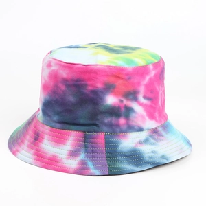 Close-up view of colorful tie-dye bucket hat with intricate stitching details