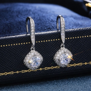 Elegant square halo drop earrings with white cubic zirconia and silver-plated hooks