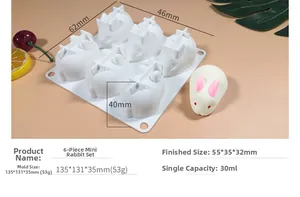 Macro detail of 6-cavity rabbit silicone mold showing dimensions and 30ml capacity