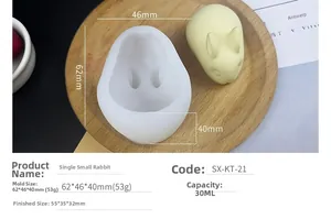 Detail view of 6-cavity rabbit silicone mold showing product dimensions and 30ml capacity