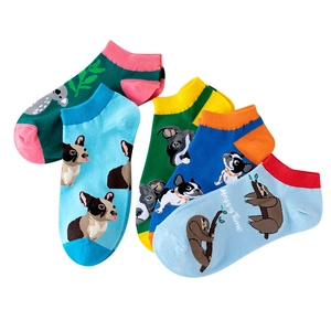 Five pairs of men's cotton ankle socks with colorful cartoon animal corgi and panda motifs