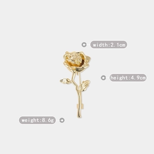 Detailed size specifications of the gold rose brooch showing height, width, and weight