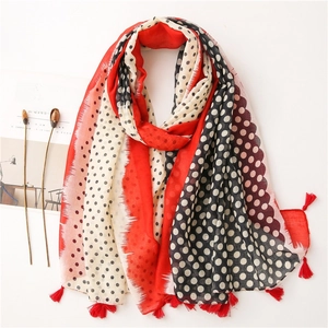 Polka Dot Contrast Color Scarf Shawl Lightweight Cotton Linen Feel Breathable Tassel Fringe Sun Protection For Women