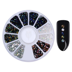 Nail art wheel with mixed rhinestones and studs in 12 compartments for manicure design