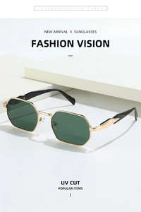 Detail of octagonal metal frames and dark green UV lenses on luxury retro sunglasses