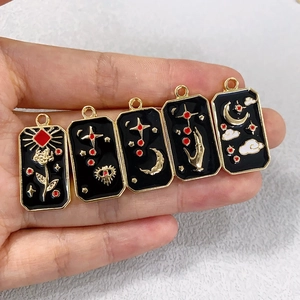 Set of 5 celestial tarot charms with gold alloy edges and black enamel for DIY jewelry