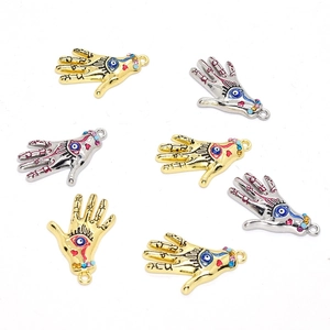 Golden and silver Evil Eye Fatima Hand charms with colorful rhinestones for DIY jewelry