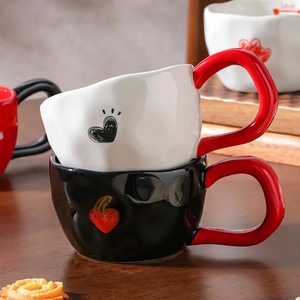 Minimalist ceramic heart mugs with red handles for couples coffee and water