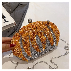 Close-up of silver pumpkin clutch with orange shell fragments and crystal ball lock