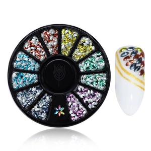 Detailed view of 12-color leaf-shaped nail art crystals in a round storage case