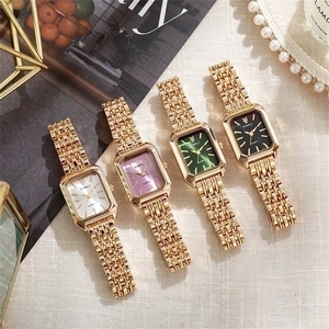 Elegant gold square quartz watches for women with four dial colors on a stylish background