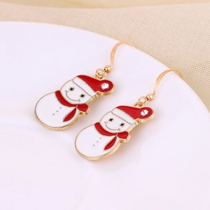 Close-up of Christmas snowman earrings with red scarf details and gold hooks