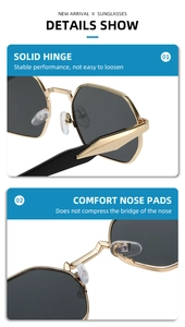Detail of solid metal hinges and comfortable silicone nose pads on polygon sunglasses