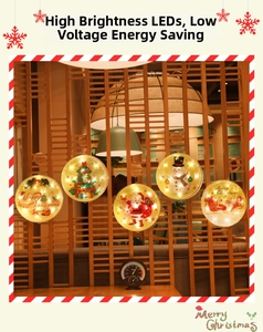 Detailed view of five hanging Christmas LED suction lamps with warm white festive patterns