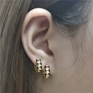S925 sterling silver chain earrings with black enamel and zircons shown on ear
