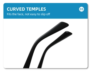 Detail of curved ergonomic temples on black polygon sunglasses for anti-slip fit