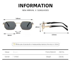 Detailed size chart for polygon metal sunglasses showing frame width and lens dimensions