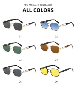 Multiple colors of retro polygon metal sunglasses displayed in a flat lay layout