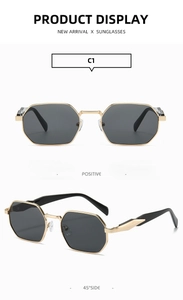 Detailed front and 45-degree side views of gold geometric metal polygon sunglasses