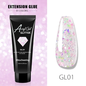 Close-up of glitter poly nail gel in tube with sparkly manicure sample on pink background