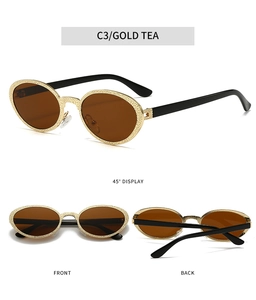 Detailed views of gold textured oval sunglasses with tea lenses from multiple angles