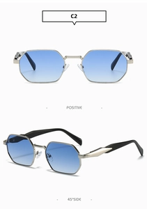 Close-up of silver metal hexagonal frame sunglasses with blue gradient lenses in C2 color