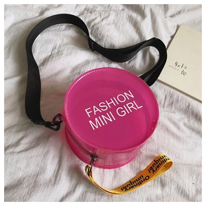 Detail of round pink transparent PVC bag with fashion mini girl text and yellow ribbon
