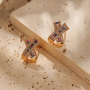 Exquisite Colorful Zirconia Stud Earrings 18K Gold Plated Copper Letter X Shape European Fashion Jewelry For Women