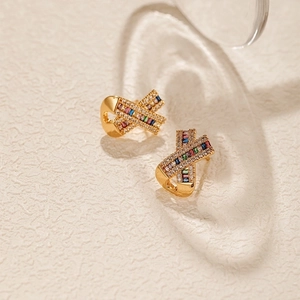 Elegant 18K gold plated X-shaped stud earrings featuring vibrant colorful zircon stones