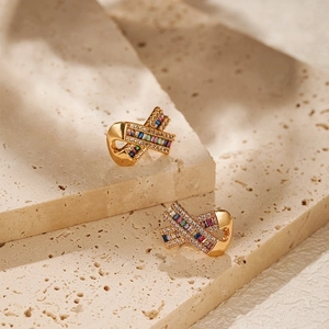 Luxurious gold-plated X-shape stud earrings with colorful zircon and rainbow gemstones