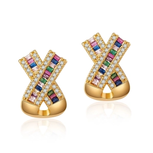 Bohemian 18K gold plated brass X-shape stud earrings with colorful zircon inlay