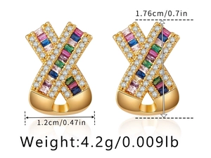 Detail showing 18K gold plated X-shaped earrings with colorful zircon gems and dimensions