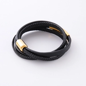 Multi-layer black leather braided bracelet for men with golden stainless steel magnetic clasp