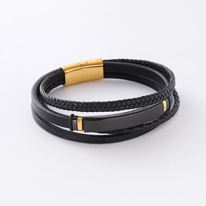 Fashion Men Multilayer Braided Leather Bracelet With 304 Stainless Steel Magnetic Clasp Geometric Wrap Hand Accessory